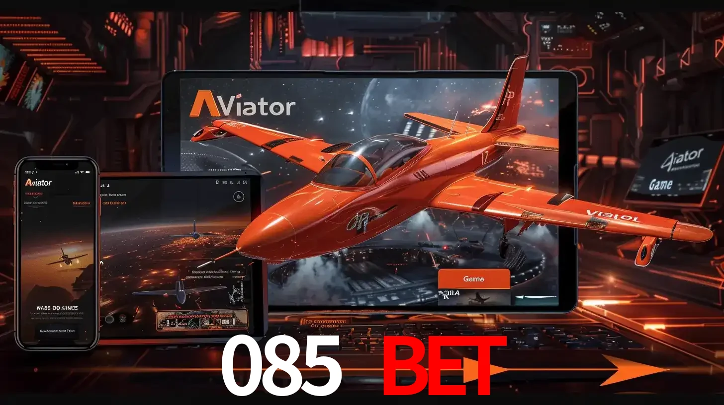 Apresentação tecnológica do jogo Aviator com um avião saindo da tela de um tablet, demonstrando a experiência imersiva em múltiplos dispositivos no 085 BET.