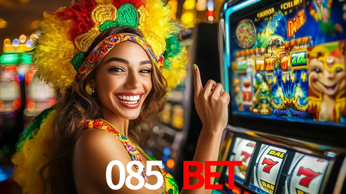 Mulher animada com um cocar de carnaval apontando para uma máquina de caça-níqueis, mostrando a emoção de ganhar um grande prêmio nos jogos do 085 BET.