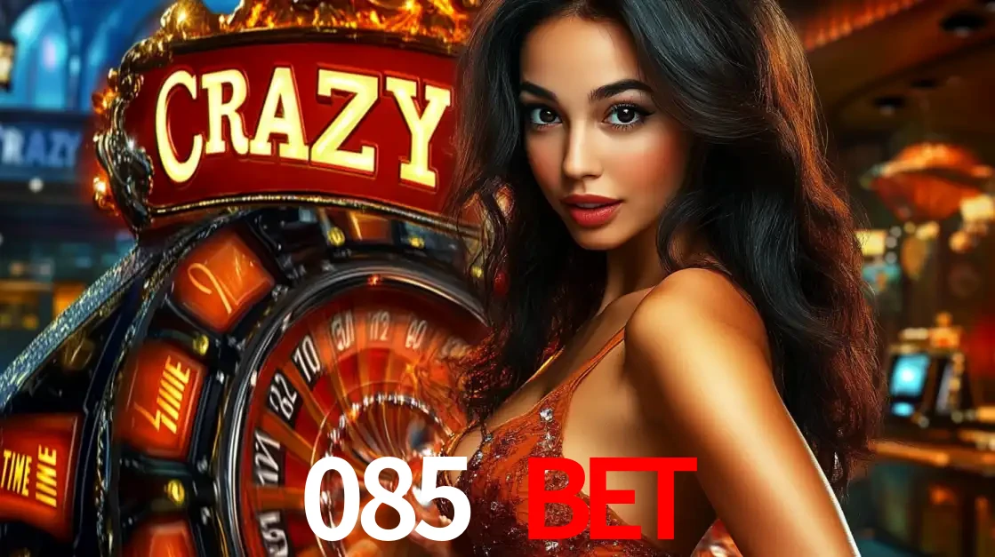 Mulher glamourosa olhando para a câmera com a roda vermelha do Crazy Time ao fundo em um ambiente de cassino, destacando a emoção dos jogos ao vivo no 085 BET.