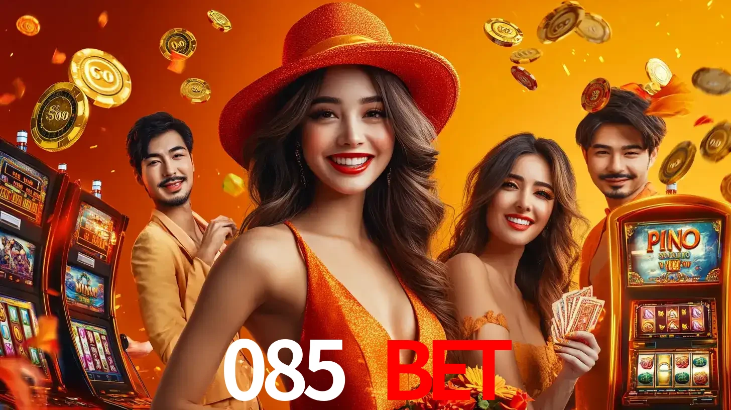 Grupo de amigos asiáticos sorrindo e se divertindo com máquinas de caça-níqueis em um ambiente festivo, celebrando suas vitórias nos jogos de cassino do 085 BET.
