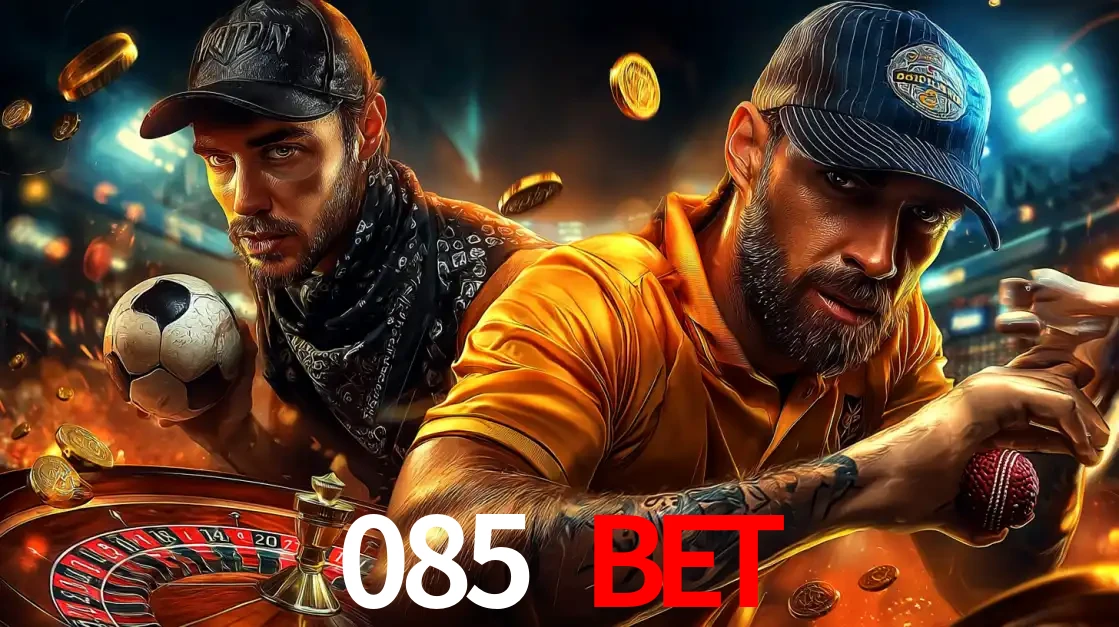 Montagem de apostas esportivas e cassino no 085 BET, com um homem segurando uma bola de futebol e outro uma de beisebol sobre uma roleta e moedas voadoras.