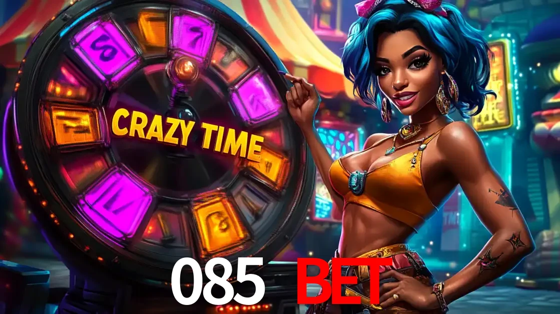 Mulher estilizada com cabelo azul e visual vibrante posando ao lado da roda de prêmios do game show Crazy Time, convidando para a diversão e os bônus do cassino 085 BET.