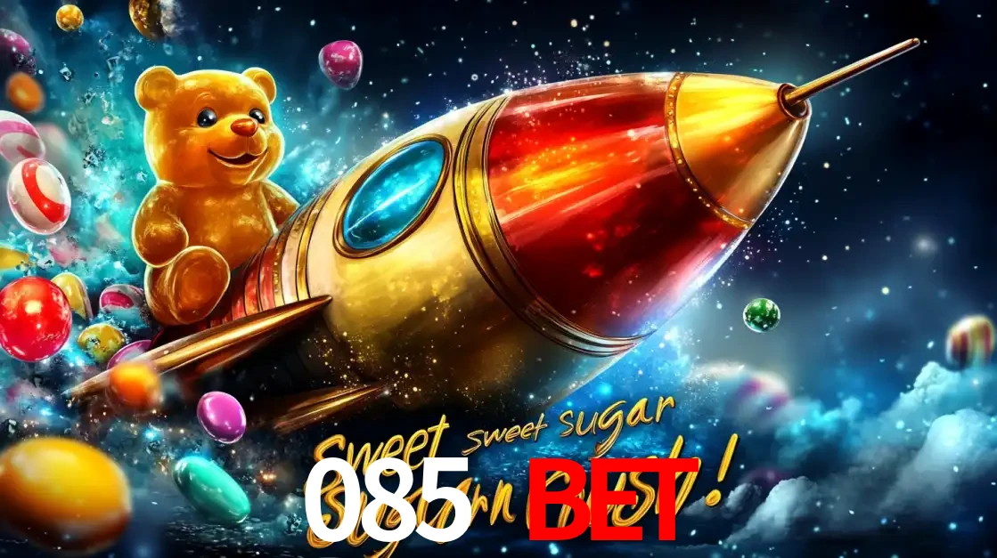 Arte promocional do jogo de slot Sugar Rush, com um urso de pelúcia em um foguete viajando pelo espaço de doces, um dos jogos divertidos disponíveis no cassino 085 BET.