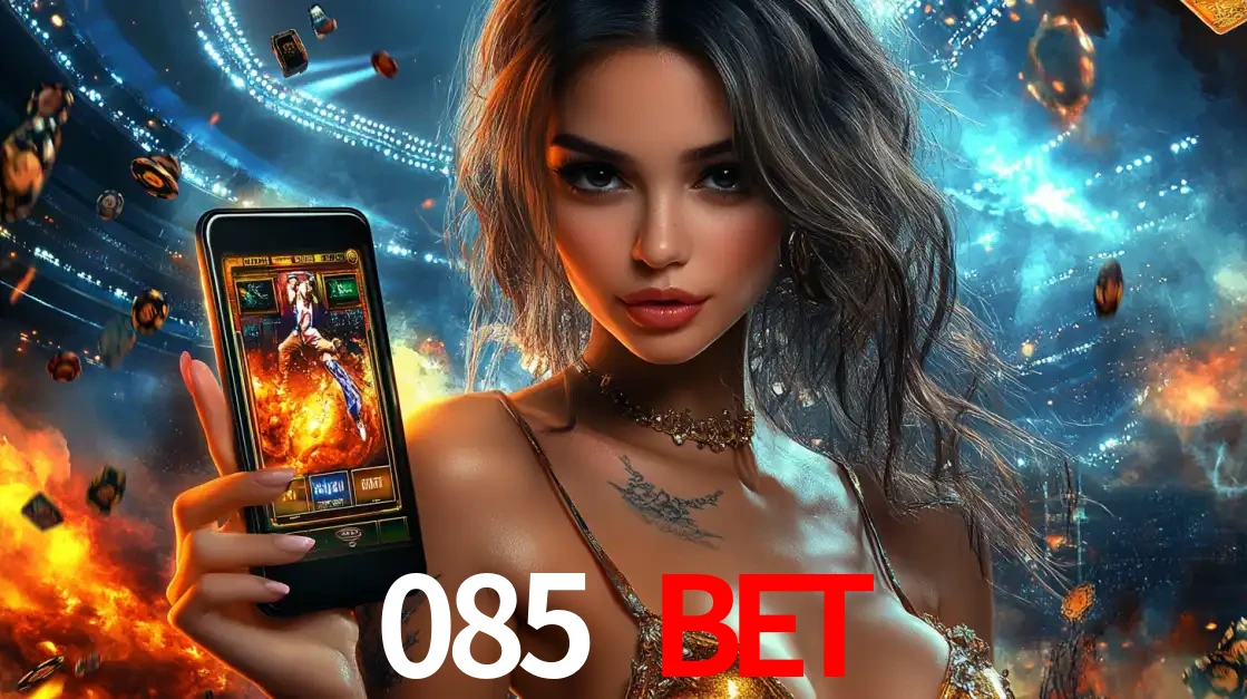 Mulher segurando um celular com um jogo de slot em destaque, tendo como fundo um estádio vibrante, simbolizando a emoção de jogar no cassino móvel 085 BET.