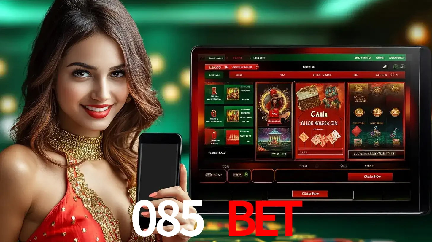 Mulher sorridente segurando um smartphone, ao lado de uma tela exibindo o lobby de jogos do cassino online 085 BET, com várias opções de jogos de cartas e slots.